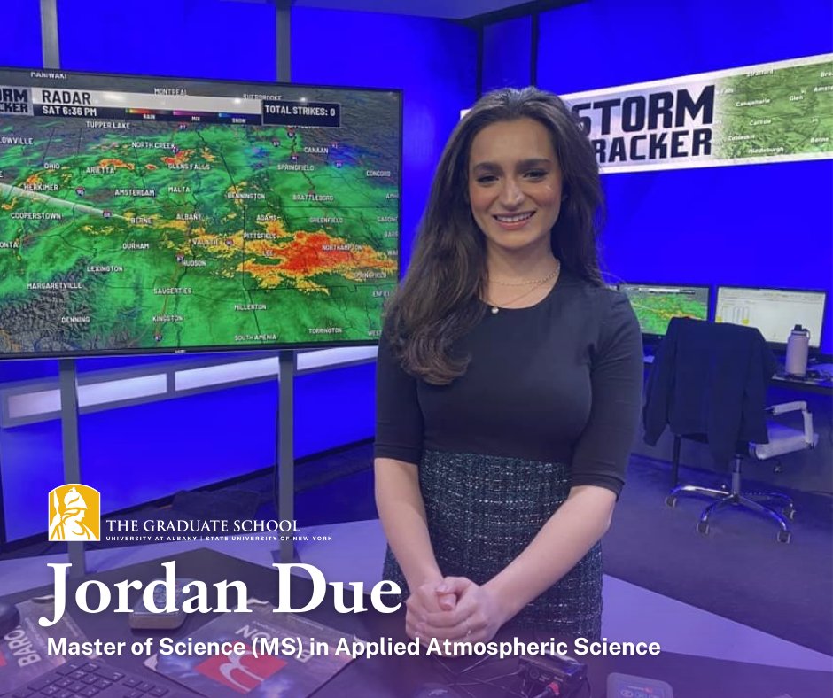 @jduewx is currently pursuing her Master of Science in Applied Atmospheric Science from @UAlbanyDAES. Jordan recently received a part-time position at @WTEN, where she will be on live TV every weekend forecasting for the Capital Region. Congratulations, Jordan! 🎉