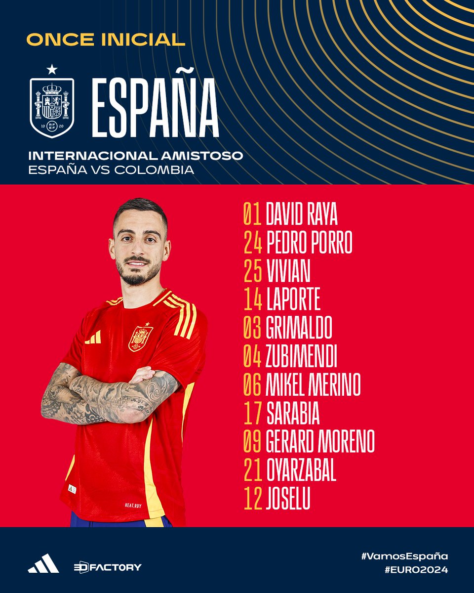 Once de la @SEFutbol ante Colombia @tjcope y @partidazocope : Raya Porro Vivian Laporte Grimaldo Zubimendi Merino Sarabia G. Moreno Oyarzabal Joselu