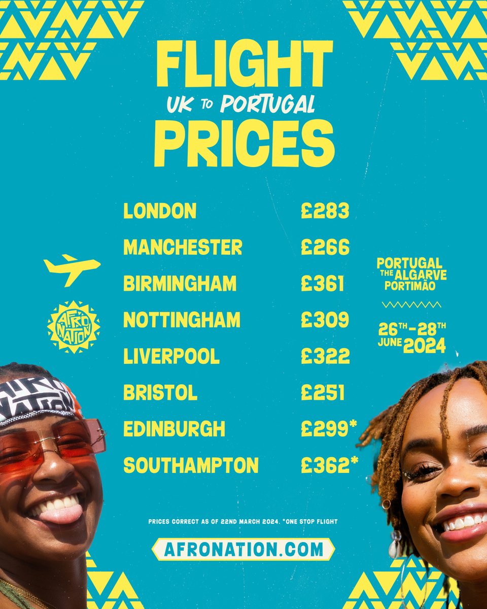 Current flight prices to Faro, Portugal ✈️ 🇵🇹 With only 3 months to go, you better secure that ticket! 😉 Secure your #ANP2024 ticket now via afronation.com 📲