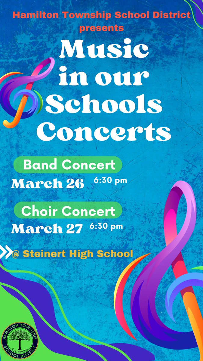 🎺 Next Week In Hamilton! Music in our Schools Concerts: 🥁 Band Concert - March 26th, 6:30pm 🎵 Choir Concert - March 27th, 6:30pm 🏡 @HTSD_Steinert #HTSD #HTSDpride @ScottRRocco @HTSDSecondary @KerriSullivan @LauraGeltch @HTSD_Nottingham @HTSD_West @HTSD_Reynolds