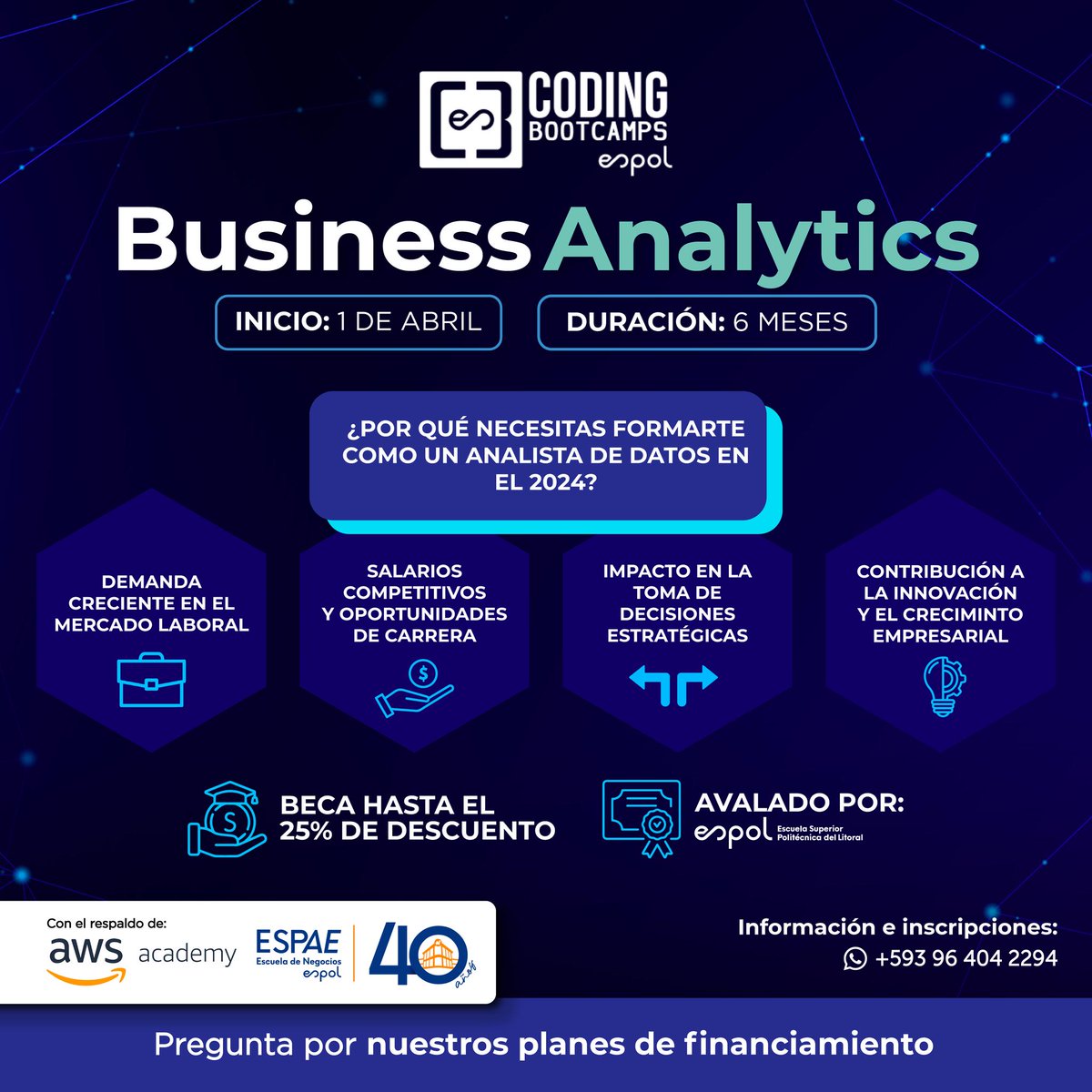 bootcampsespol's tweet image. ¡Prepárate para ser un Analista de Datos en el 2024 con nuestro programa de #BusinessAnalytics!
INICIO: 1 DE ABRIL | DURACIÓN: 6 MESES
¿Por qué necesitas formarte como un Analista de Datos en el 2024? Aquí te lo contamos:
#CodingBootcamps