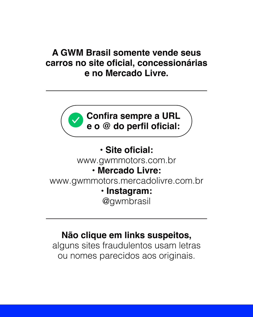 GWMbrasil's tweet photo. Cuidados com os golpes! A GWM Brasil somente vende seus carros no site oficial, concessionárias e no Mercado Livre. https://t.co/BTAFBnVLmh