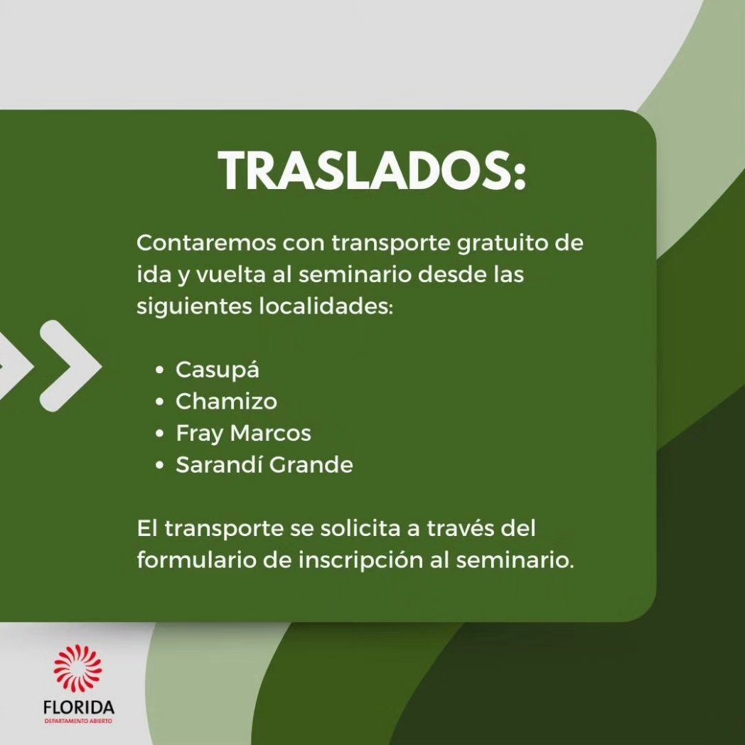 Abrimos las inscripciones para el tercer seminario del Programa Sembrando del año, esta vez en Florida. Contaremos con traslados gratuitos de ida y vuelta desde Casupá, Chamizo, Fray Marcos y Sarandí Grande. ACTIVIDAD GRATUITA. Registrate en: bit.ly/SeminarioFlori…