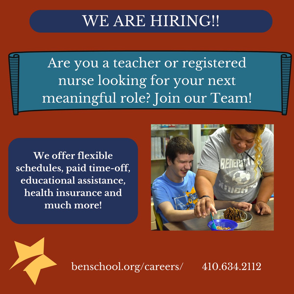 Make a meaningful difference! Join the team at Benedictine! #bensupports #developmentallydisabled #autism #diabilityinclusion #mdjobs #hiring #teacherjobs #rnjobs