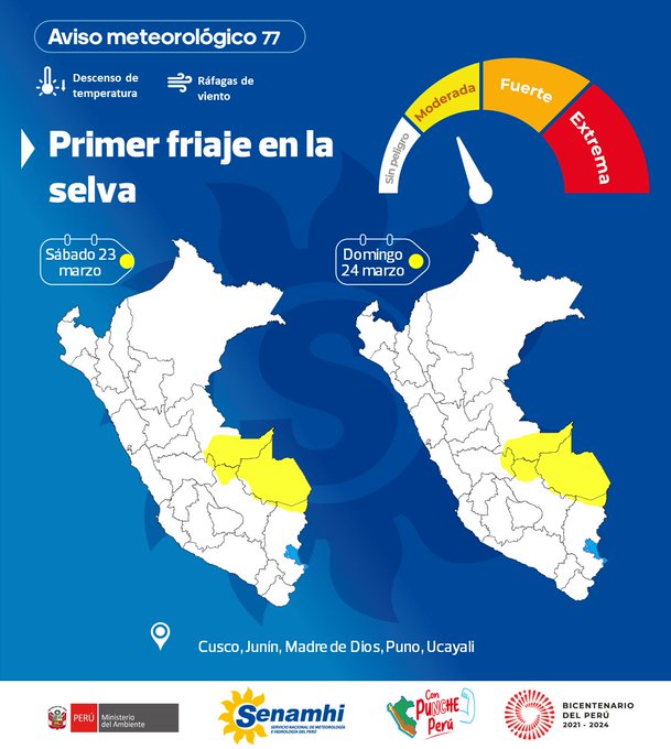 Del 23 al 24 de marzo, se presentará el primer friaje del año en la Selva.