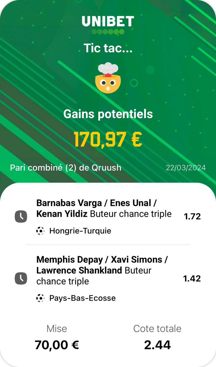 Picks foot.

🔻BTTS o2.5 @ 2,21 (0,7%)
🔻Szobo/Unal @ 2,30 (0,5%)
🔻Varga/Yildiz @ 2,15 (0,5%)
🔻Remplaçant @ 2,50 (0,7%)
🔻Combi TC @ 2,45 (0,7%)

Je m’attend à un match à but en Hongrie et du mal à me projeter sur le match des Pays-Bas.
Je vais voir si je trouve une cote pour