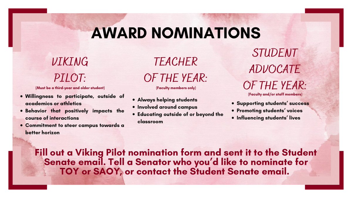 ❤️ Friday Feature — ViPi, TOY, &amp; SAoY

🎯Make sure you send in your nominations for the Viking Pilot award, Teacher of the Year award, and Student Advocate of the Year award. 

#FridayFeature #VCSUStudentSenate #StudentSenate #studentgovernment
