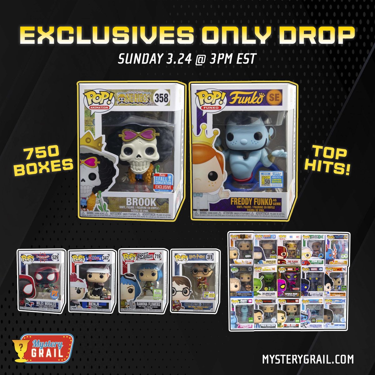 7BucksAPop's tweet photo. Hey #MysteryGrailers!
Mystery Grail is bringing back the Exclusives Only Drop!
https://t.co/ESMyrNMJAg

There will be 750 boxes and each box will get ONE Exclusive Pop (Special Edition, Con, FunkoShop, retailer, etc), a Mystery Grail scratch card, and Candy!
This drop will be $19 plus shipping. There are Exclusive Pops from all genres and you have a shot at pulling some awesome top hits including Freddy Genie, and Fall Exclusive Brook!

The Exclusive Funko Pops you will receive will be RANDOM and ONLY the top hits are pictured.
For additional info, odds, and more, check out - https://t.co/tkmyfi81iK

Best of luck out there and happy hunting!
#MysteryBox #Funko #Pop #PopVinyl #FunkoPop