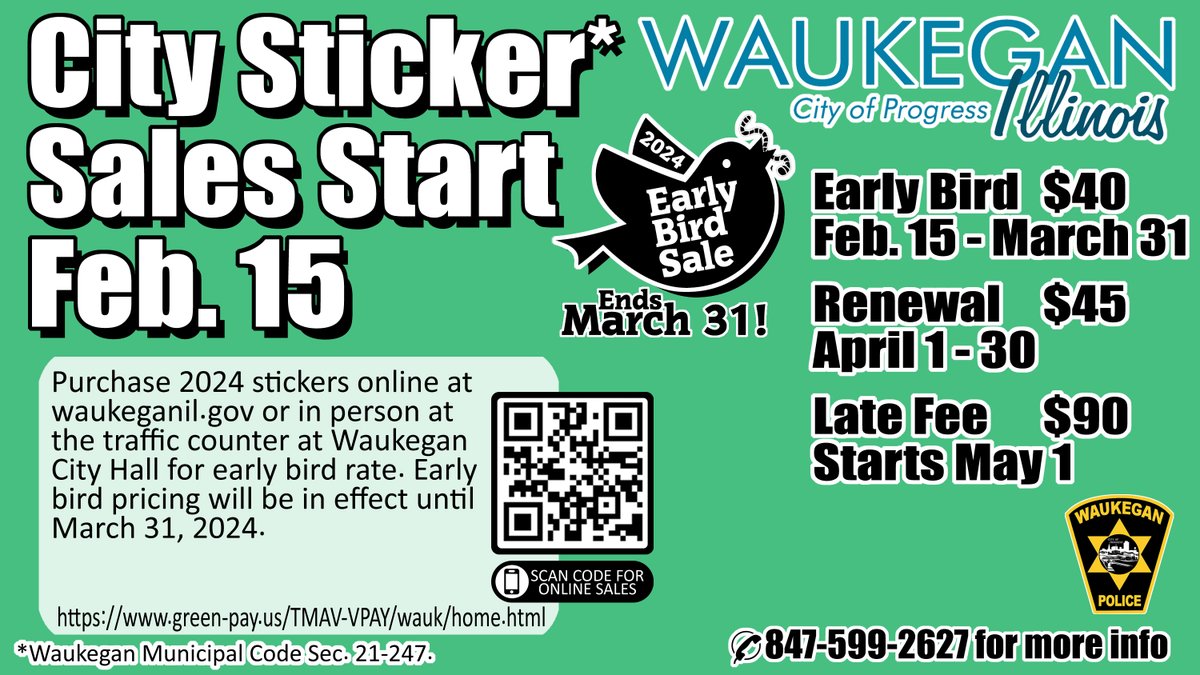 Early Bird Sales of the 2024-25 Waukegan Vehicle Stickers ends on Sunday, March 31. Avoid the long lines and buy them online ( green-pay.us/TMAV-VPAY/wauk… ) or in-person at Waukegan City Hall.