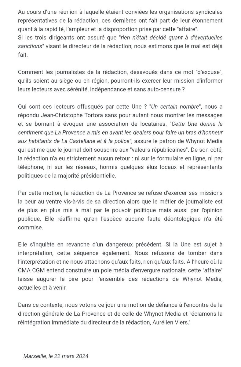 SNJ_national's tweet image. ✅️ GRÈVE illimitée à compter de ce vendredi 22 mars 
✅️ MOTION de défiance adoptée 

Après la mise à pied du directeur de la rédaction par l'actionnaire, mécontent de la Une du 21 mars, TOTAL SOUTIEN à  la rédaction de @laprovence en ébullition depuis ce matin 
✊️✊️✊️