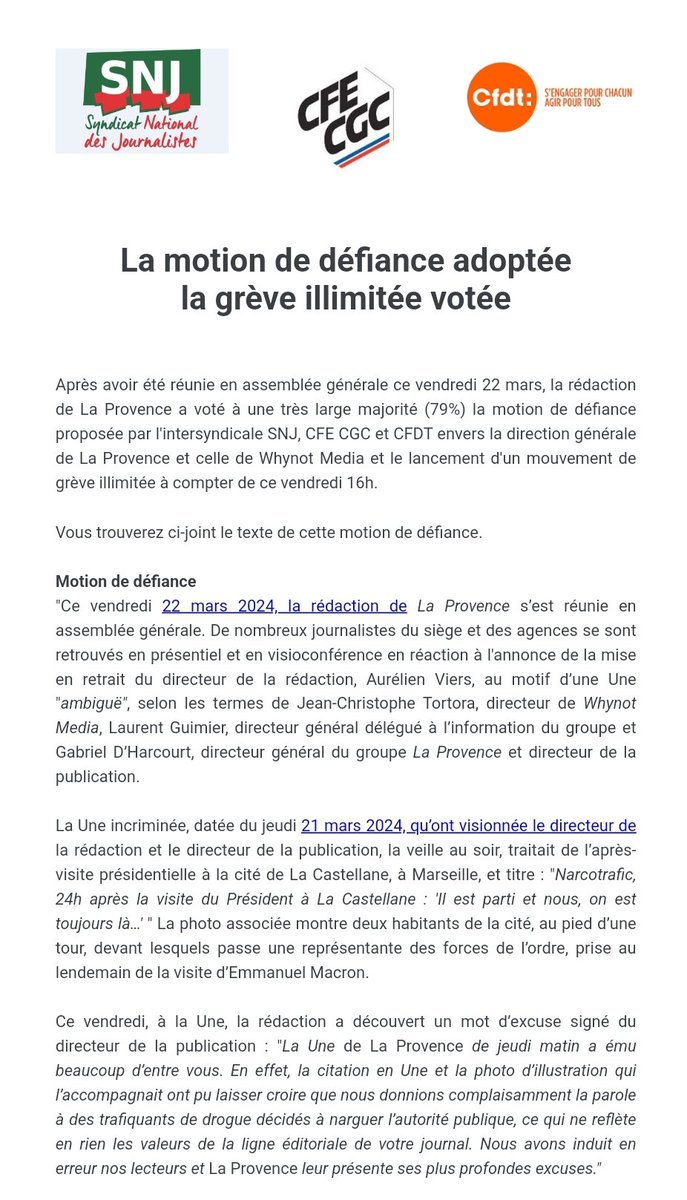 SNJ_national's tweet image. ✅️ GRÈVE illimitée à compter de ce vendredi 22 mars 
✅️ MOTION de défiance adoptée 

Après la mise à pied du directeur de la rédaction par l'actionnaire, mécontent de la Une du 21 mars, TOTAL SOUTIEN à  la rédaction de @laprovence en ébullition depuis ce matin 
✊️✊️✊️