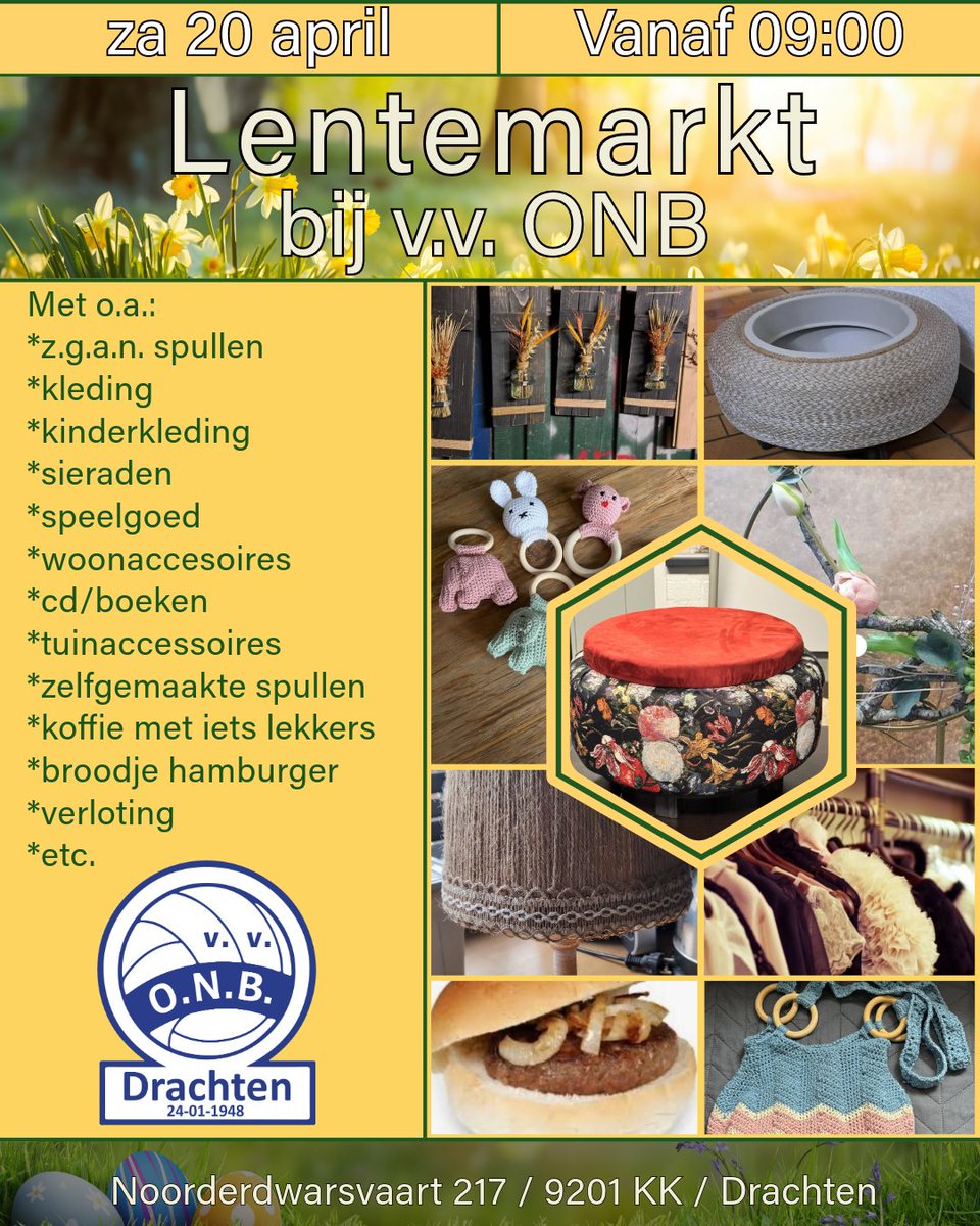 Wij zijn op zoek naar z.g.a.n. spullen  voor onze lentemarkt

De opbrengst van deze markt komt geheel ten goede aan ONB.
Je kunt je spullen inleveren bij de ONB elke woensdag t/m 3 april van:

14:00 tot 16:00
19:00 tot 21:00

#lentemarkt #drachten #onb #spring #lente #delenislief