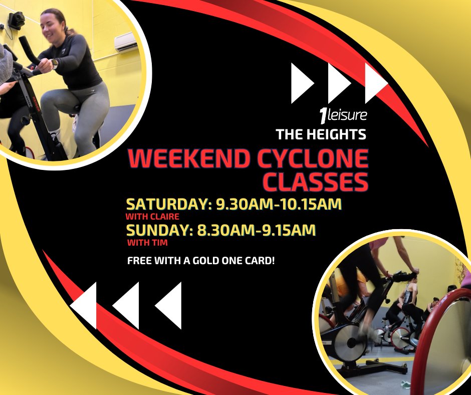 Join our Cyclone classes at 1Leisure! 🚴

Join Claire on Saturdays 9:30am-10:15am or Tim on Sundays 8:30am-9:15am

To book use the iSCUBA app or visit our website's 'Make a Booking' page: bookings.1leisure.co.uk - or call The Heights on 01983 823881. #1Leisure