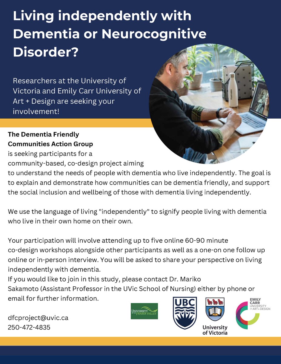 We're recruiting for a study focused on the experiences and perspectives of people living with dementia living independently (alone in the community setting). We're going to be conducting co-design workshops with the Health Design Lab at Emily Carr University of Art +Design