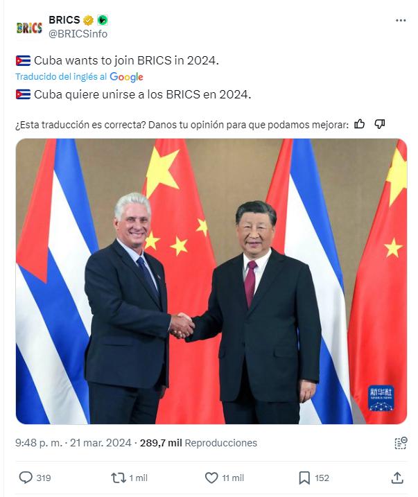 ¡La Noticia del año! Por esto y otras cosas estaban tan desesperados por desestabilizar a #Cuba. Hoy habrán suicidios masivos de odiadores en Miami. El guerrero es un hombre feliz. Hasta la Victoria Siempre. #BRICS