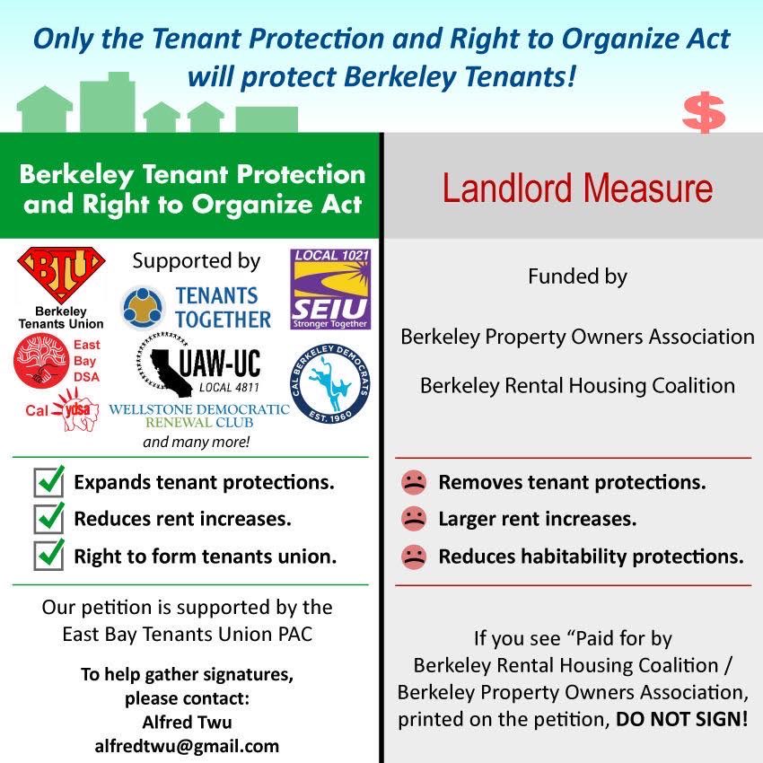 berkeley! please be aware of a fake tenant protections measure being circulated. the tenant protection and right to organize act is the ONLY tenant protection measure on the ballot. stay informed, tell your friends