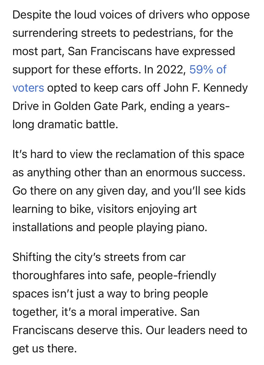 “Shifting the city’s streets from car thoroughfares into safe, people-friendly spaces isn’t just a way to bring people together, it’s a moral imperative. San Franciscans deserve this. Our leaders need to get us there.” Must-read piece by San Francisco Chronicle Editorial Board⬇️