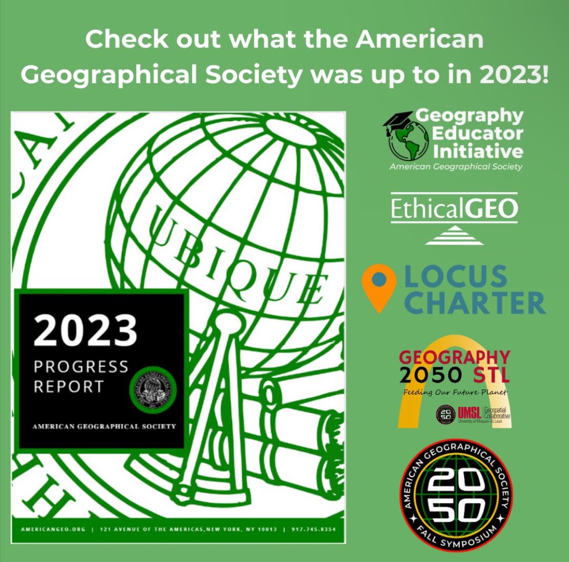 Our 2023 Progress Report is Out! We are grateful for the invaluable support of our partners in advancing our geographic education initiatives and our @geography2050 convenings. 💐 Thank you for being champions of geography for the benefit of society! americangeo.org/annual-progres…