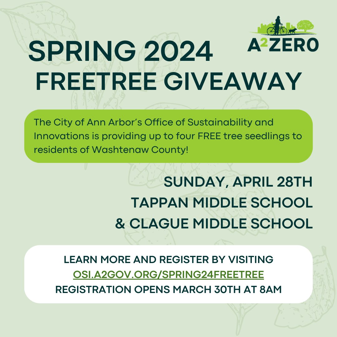 The 10,000 Trees Initiative's annual Spring FreeTree Giveaway will take place on Sunday, April 28th from 10am-3:30pm at both Tappan and Clague Middle Schools. Learn more and register by visiting osi.a2gov.org/spring24freetr…. Registration is required and opens March 30th at 8am.