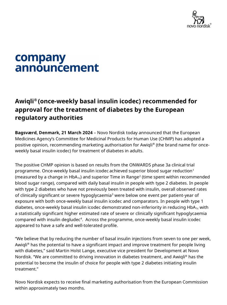 melmed2087's tweet image. Great news ahead
It looks that insulin #Icodec will join the team soon
Novo Nordisk announces that its new once weekly basal insulin #Awiqli to be approved by European authorities in type 2 diabetes
It is great for patients to minimize injections from 365 yearly to 52 only 👨‍⚕️