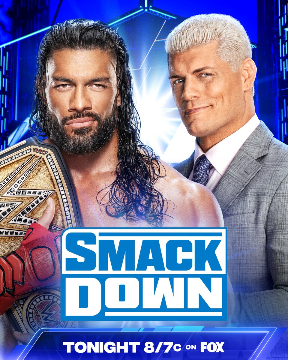 WWE's tweet image. TONIGHT on #SmackDown: 

Undisputed WWE Universal Champion @WWERomanReigns and @CodyRhodes meet face-to-face inside the ring, just two weeks before they battle once again at #WrestleMania! 👀😤

📺8/7c on @FOXTV