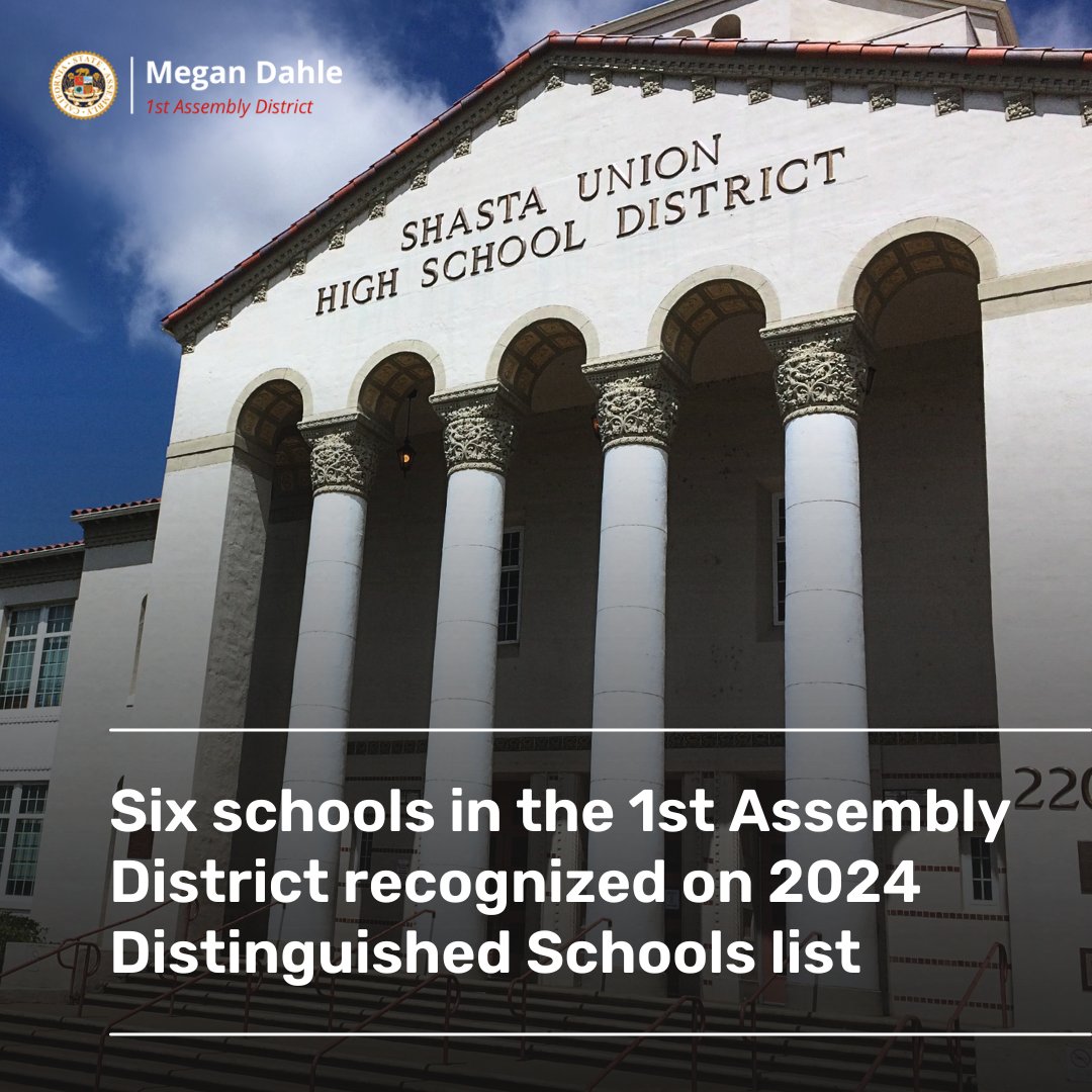 Six exceptional schools in our 1st Assembly District have been recognized among California's top elementary and secondary schools in the 2024 Distinguished Schools Program: Jackson Junior High (Amador County Unified, Amador County) Diamond View Middle (Susanville Elementary,…