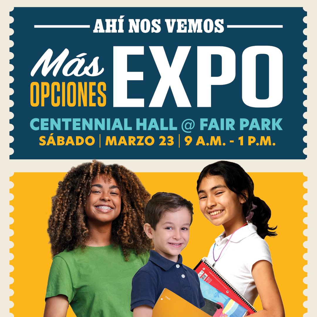 ¡Estás invitado a la feria de opciones escolares más GRANDE de la ciudad! Acompáñanos en la #DallasISD #ExpoMásOpciones de 9 a.m. a 1 p.m., el sábado, 23 de marzo en Centennial Hall en Fair Park. Visita DallasISD.org/MasOpciones porque tú ¡te mereces más!