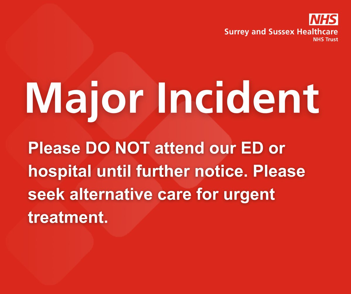 A major incident has been declared at East Surrey Hospital due to a power outage. The hospital is safe but is closed to new attendances. Please do not attend. Please seek alternative care for urgent treatment. bit.ly/43rML0p