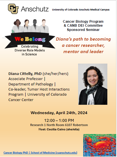 CU Anschutz Cancer Biology Graduate Program (@cucancerbio) on Twitter photo We are excited to announce our first "We Belong" series to celebrate diverse role models in science. Dr. Diana Cittelly will discuss her path to becoming a cancer researcher, mentor, and leader. <a href="/cittelly/">Diana Cittelly</a> <a href="/CU_pathology/">CUpathology</a> #BestYouCANB We are excited to announce our first "We Belong" series to celebrate diverse role models in science. Dr. Diana Cittelly will discuss her path to becoming a cancer researcher, mentor, and leader. <a href="/cittelly/">Diana Cittelly</a> <a href="/CU_pathology/">CUpathology</a> #BestYouCANB