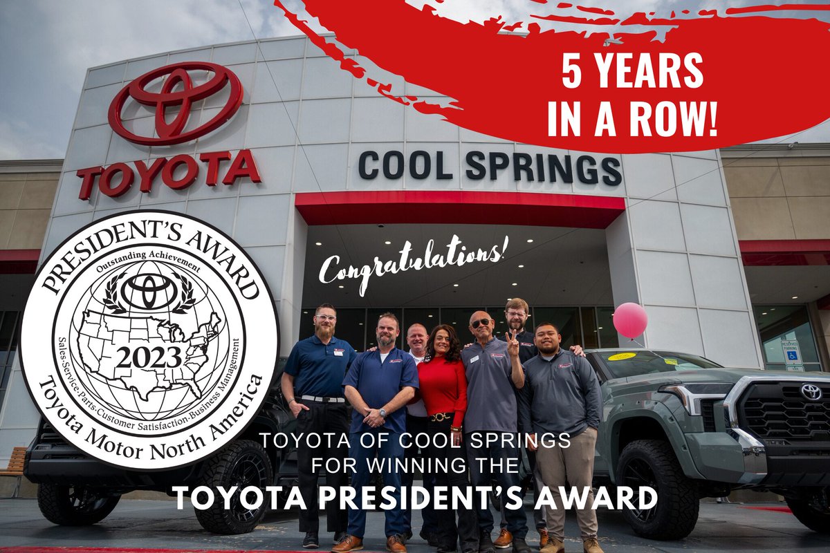 ToyotaFranklin's tweet photo. We are humbled and honored to receive the Toyota President's Award from @toyotausa 5 years running!
Huge thanks to our amazing team for achieving this high honor!
#Toyota #ToyotaUSA https://t.co/uuYPxY0YPX