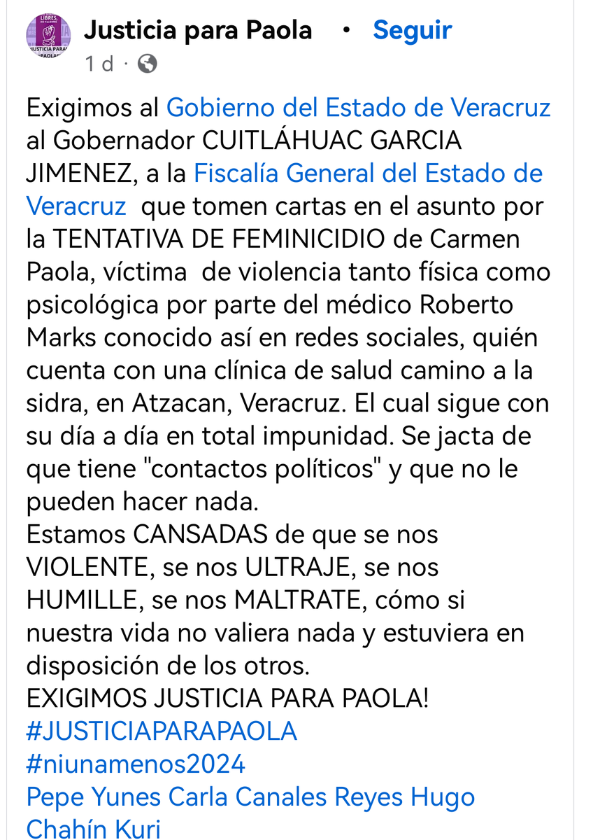 #JusticiaParaPaola
Paola es amiga de mi hermana, y su novio la golpeó tanto que ahora está entre la vida y la muerte, ni sus familiares ni amigos de ella tienen Twitter pero todo lo relacionado está en esta página de Facebook :

<a href="/GobiernoVer/">Gobierno de Veracruz</a>
<a href="/CuitlahuacGJ/">Cuitláhuac García</a> ¡exigimos justicia para