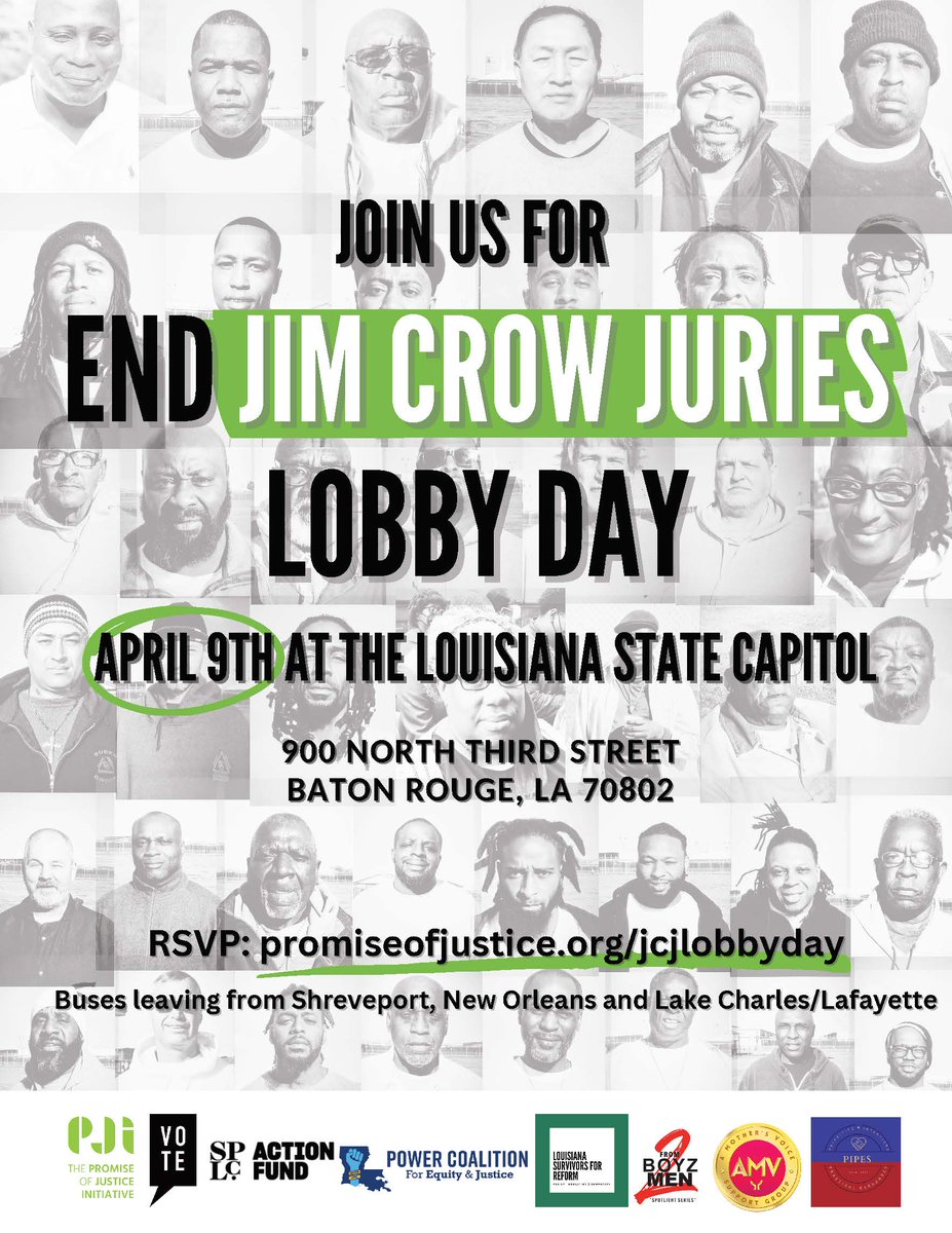 📣 Join us on April 9th at the Louisiana State Capitol to End Jim Crow Juries!  

Date: Tuesday, April 9, 2024 
Time: 9AM - 4PM 

#endjimcrowjuries #lalege #lagov #SB383

promiseofjustice.org/jcjlobbyday