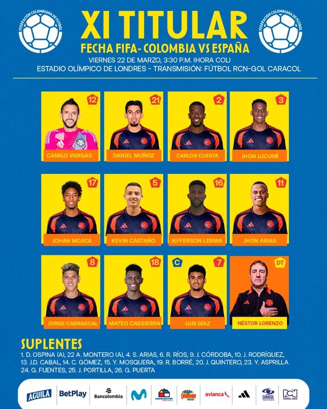 YuriReales's tweet image. #Deportes | El delantero guajiro, Luis Fernando Diaz Marulanda fue escogido capitán de la @FCFSeleccionCol  que en #minutos enfrentará a su similar de #España. Este es el once inicialista, según el reporte de @FCF_Oficial | @LuisFDiaz19 @JuniorClubSA @IddgGuajira @guajira24horas