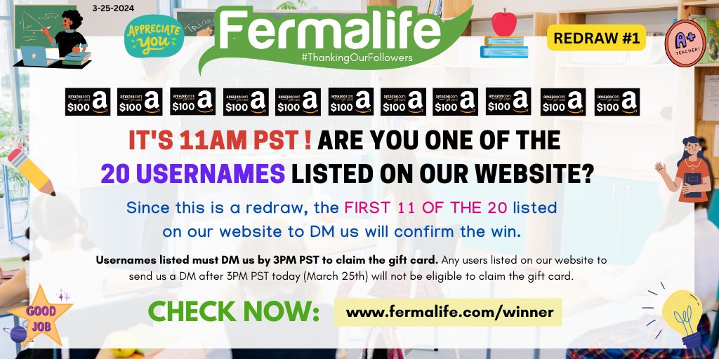 📢It's 11 AM PST! It's time to check if you are 1 of the 20 followers listed on our website for REDRAW#1. The first 11 of the 20 from the list to DM us will confirm the #win of a $100 #AmazonGiftCard 🍎🧑‍🏫 CHECK NOW: fermalife.com/winner  #ThankingOurFollowers