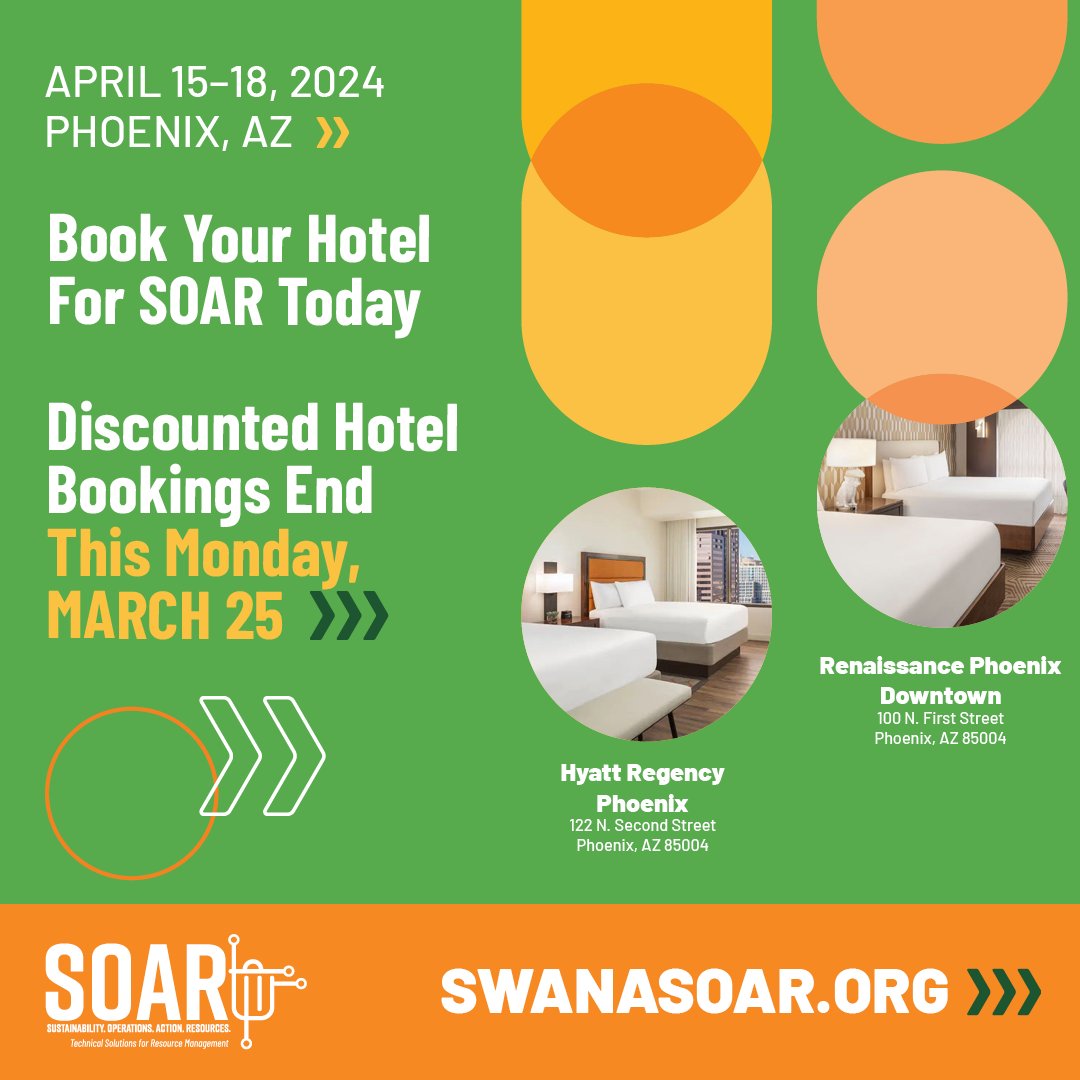 The deadline for discounted hotel room reservations at #SOAR2024 is this Monday, March 25, 2024. Ready to seal the deal and SOAR with us in Phoenix? Visit swana.swoogo.com/soar2024/hotels to book your hotel room and register for SOAR before it’s too late. #SWANA #SOARinPhoenix