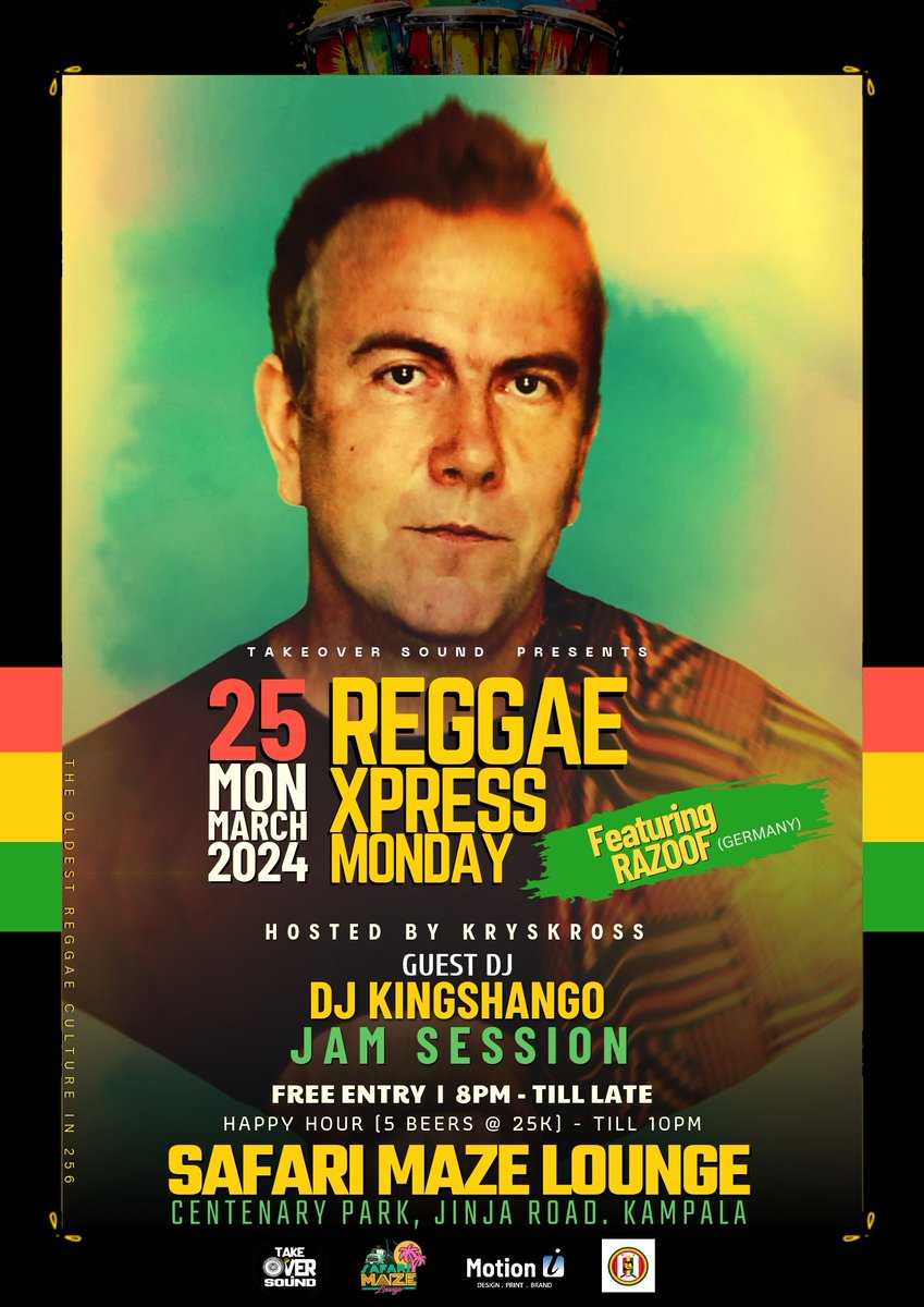 ReggaeXpressUG's tweet photo. He has jammed on #RXM before while it was still at #BBQLounge
2024 @takeoversoundug brings back #RazoofMusic ๐ฅ๐ฏ๐ฏ
DJ / Music Producer
This Monday
#ReggaeXpressMonday
Hosted by @IamKrysKross
๐ Safari Maze Lounge, Centenary Park https://t.co/1FjnKEIYj9