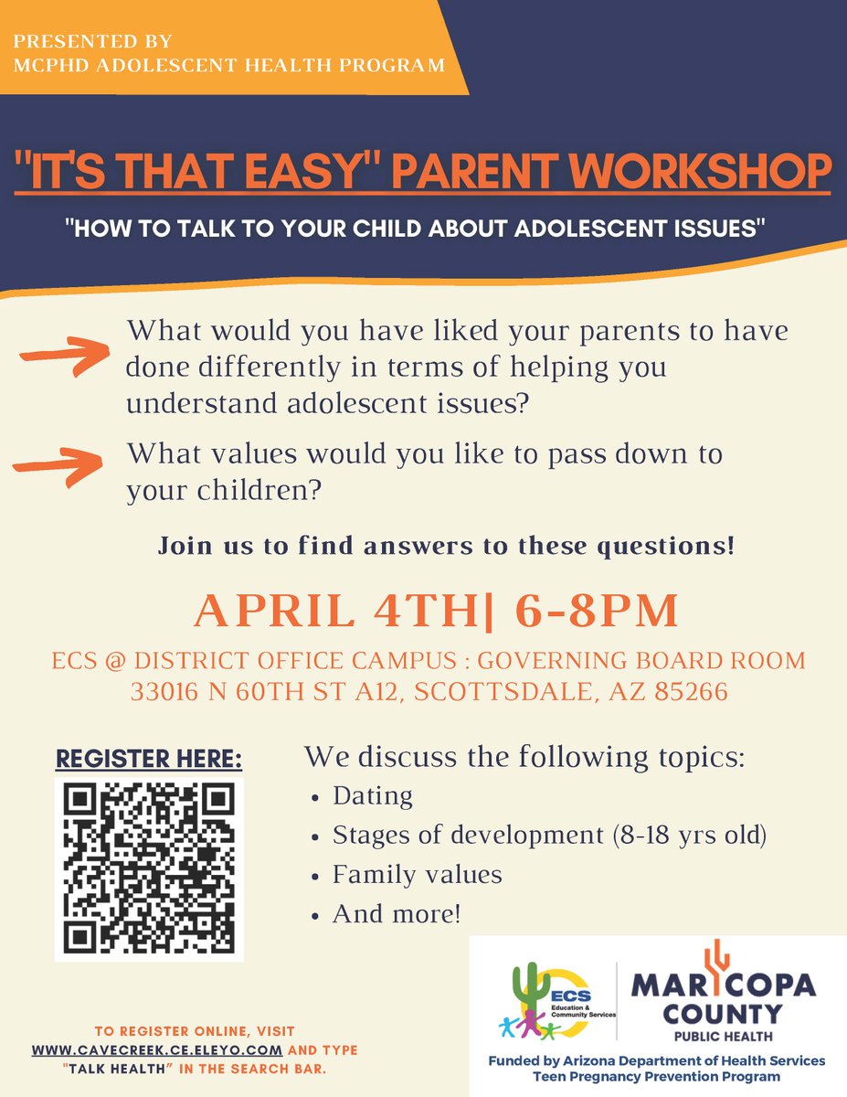 Wondering how to talk to your child about common adolescent issues? Join this parent workshop hosted by ECS  &amp; the Maricopa County Public Health Dept April 4th from 6-8pm at the District Office. Register online: tinyurl.com/78fys7ds