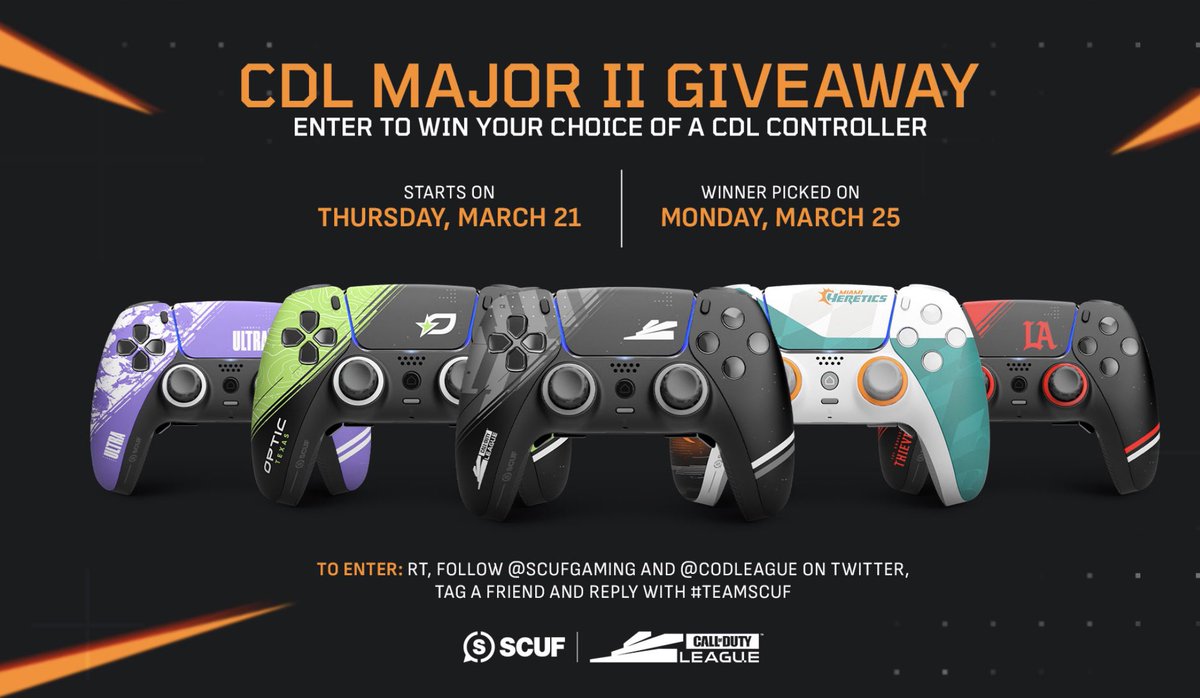 🚨 MAJOR II GIVEAWAY 🚨

Enter for a chance to win a CDL controller of your choice. 

🔄 Retweet
➡️ Follow @SCUFGaming + <a href="/CODLeague/">Call of Duty League</a> 
⬇️ Tag a friend with #TeamSCUF 

Winner chosen 3/25