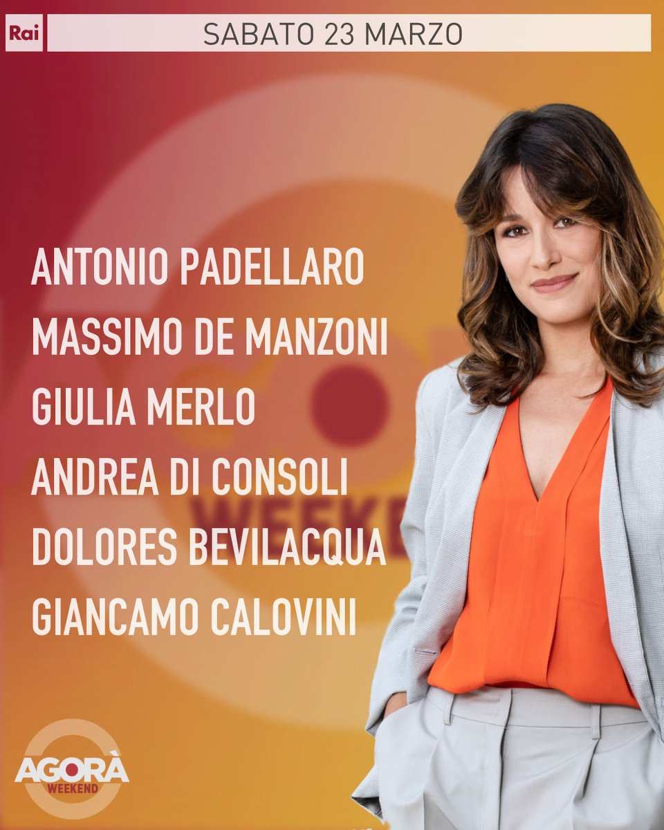 Ecco gli ospiti di Sara Mariani di sabato #23marzo ad Agorà Weekend. Vi aspettiamo dalle 8.00 su #Rai3 e su #RaiPlay. #AgoraRai #agoraweekend