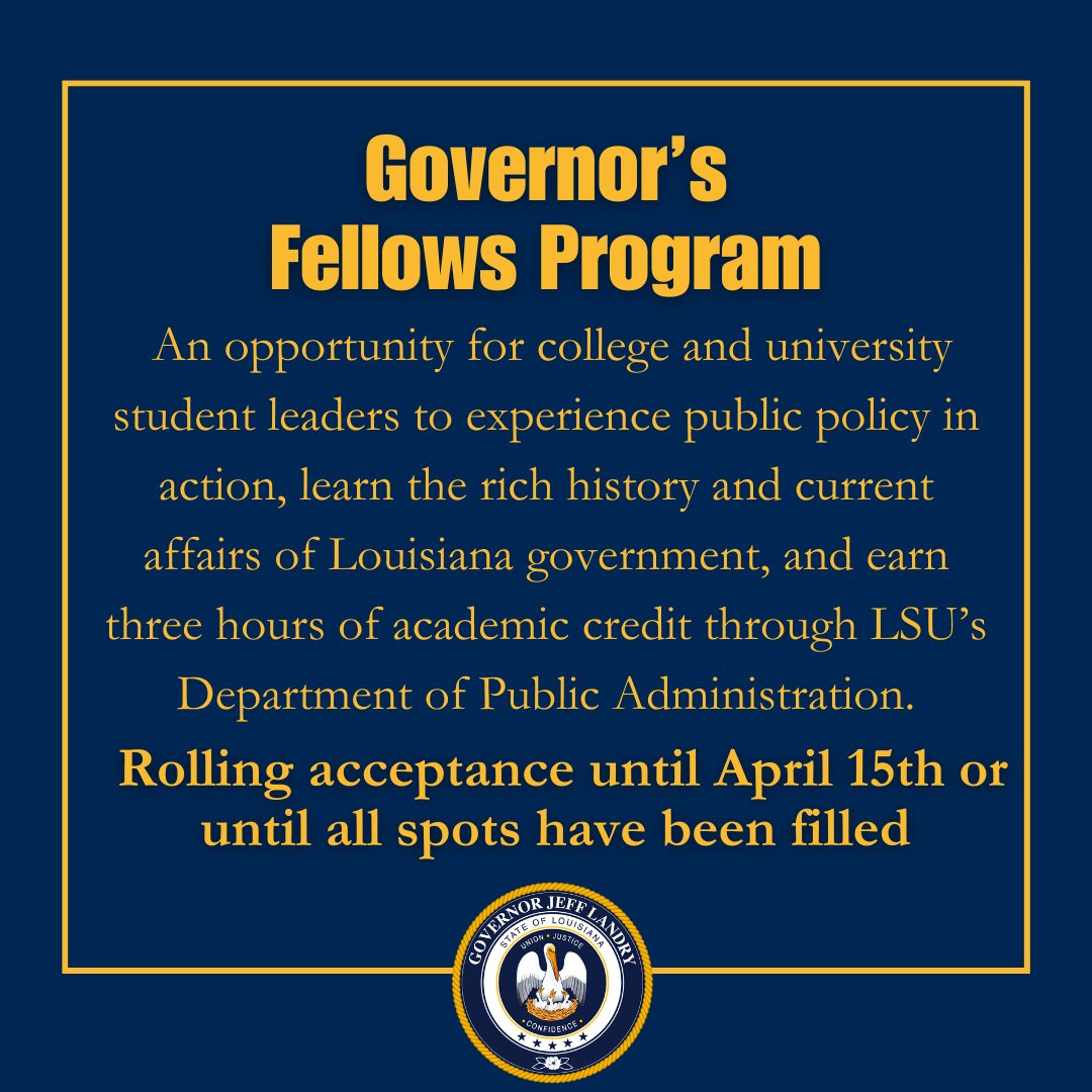 The Governor’s Fellows Program application is now open. There will be rolling acceptance until April 15th or until all spots have been filled. For more information and to apply please visit: gov.louisiana.gov/page/governors…