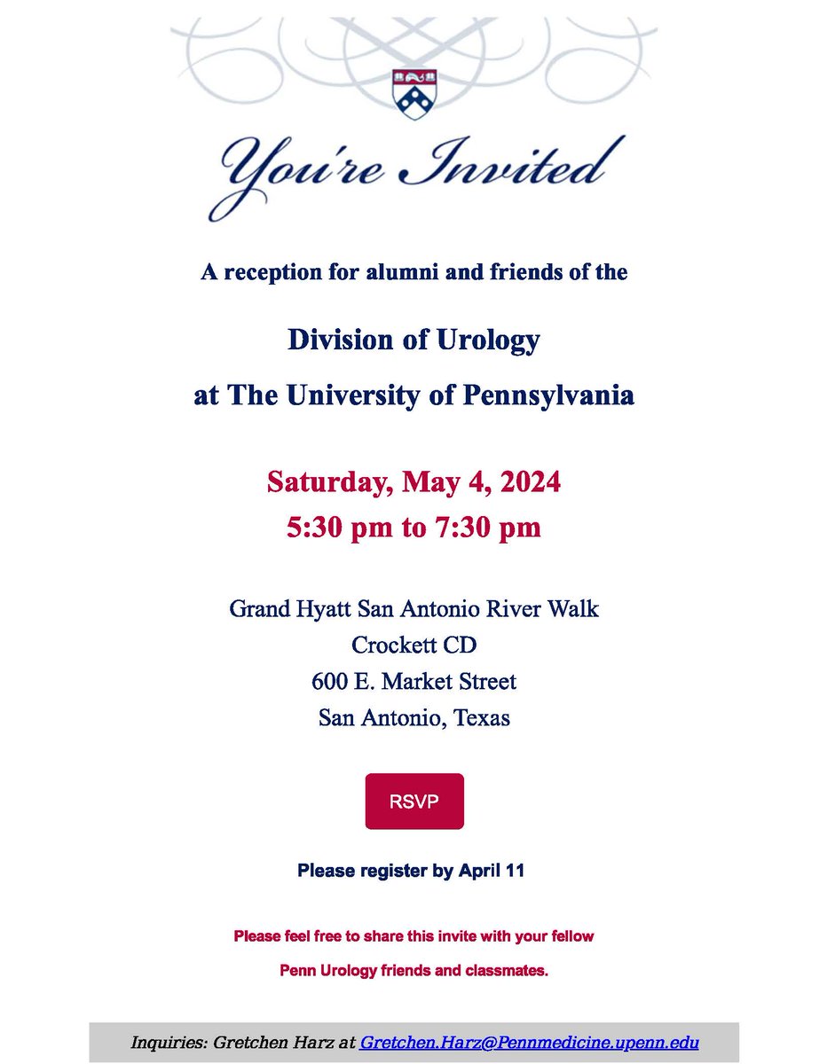 Are you a Penn Urology alumnus that is attending AUA? If so, please join current residents and faculty at our annual reception. For inquiries or to RSVP, please email our program coordinator, Gretchen, at gretchen.harz@pennmedicine.upenn.edu @pennsurgery @AmerUrological