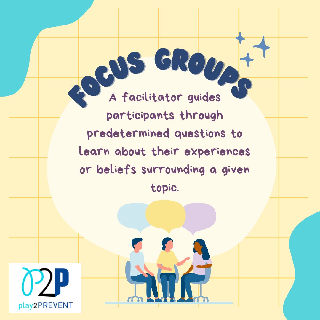 Focus groups are just one of the many research methods we use here in the play2Prevent lab! After conducting focus groups with adolescent participants, we incorporate themes from their responses into the storylines of our serious games.

source: cdc.gov/healthyyouth/e…