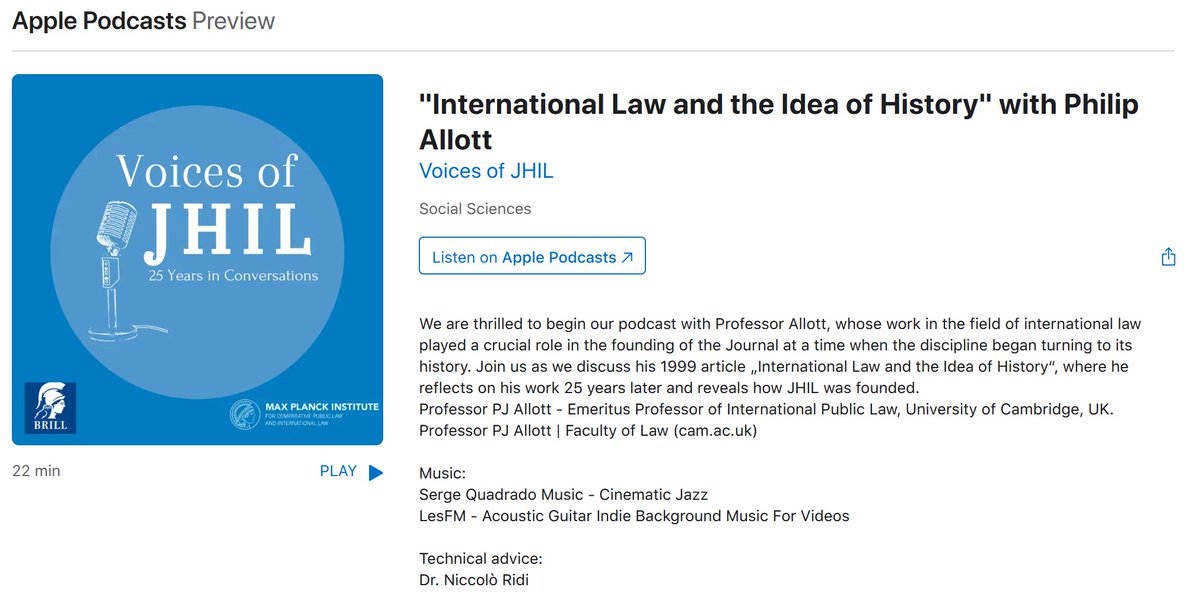 #VoicesofJHIL is now also available on @ApplePodcasts. Join @Inge_van_hulle & yours truly in ep. 1, where the author of JHIL's inaugural article, @TrinCollCam's Philip Allott, shares his memories on the creation of @JHIL_RHDI. Brought to you by @MPILheidelberg and @Brill_History.