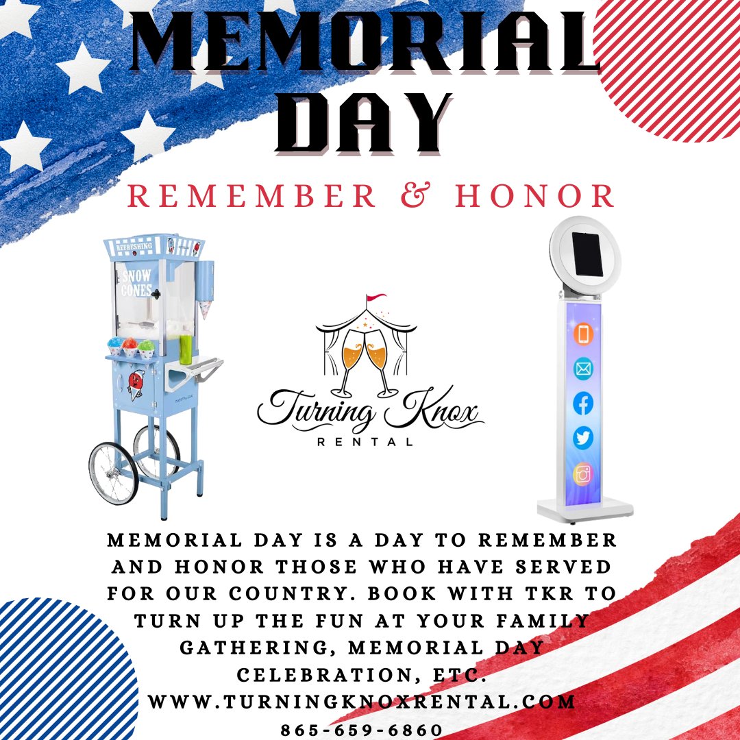 We take this day to remember and honor all of those that have served for our country and we want to thank them greatly for their service. Book with Turning Knox Rental for any of your family gatherings, Memorial Day celebrations, etc. 

turningknoxrental.com 
865-659-6860