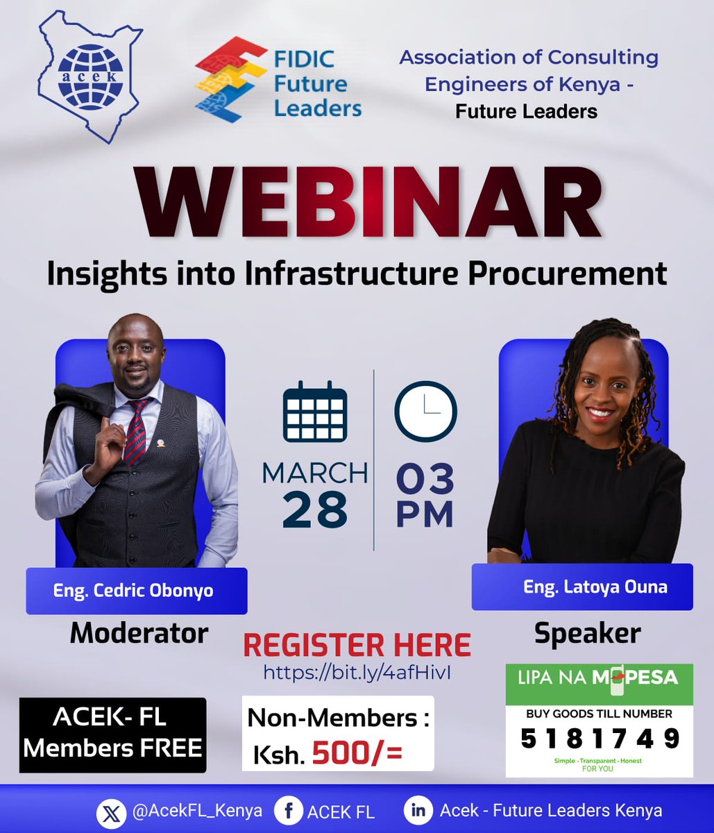 We have an exciting webinar for you on Infrastructure Procurement facilitated by our very own @NamsiT  and moderated by @cedricobonyo

Event details:
📆: 28th March 2024
🕒: 3pm [EAT]
Registration link: bit.ly/4afHivI

See poster for more details!

#ACEKFL
#FutureLeaders