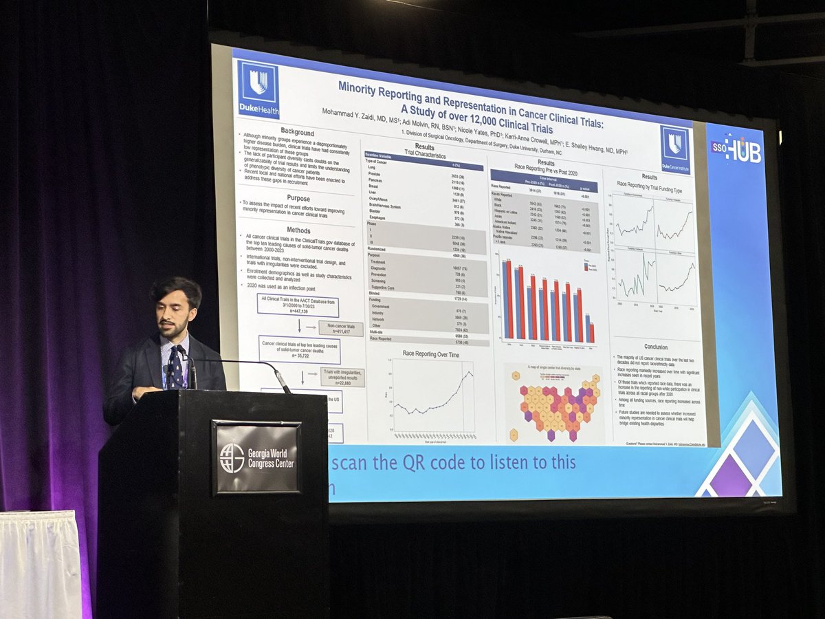 Great presentation about race reporting in 12,000 clinical trials! Congratulations to our fellow ⁦<a href="/MohammadYZaidi/">Mohammad Zaidi</a>⁩!  #SSO2024 ⁦<a href="/DukeSurgery/">Duke Surgery</a>⁩