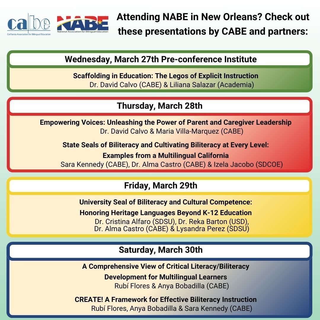 Attending #NABE2024 in #NOLA next week? Come join our CABE Team and partners who are presenting on a variety of topics! Excited to connect with nationwide partners in multilingual education! Full details on time & location in the program: buff.ly/3IQFgXy