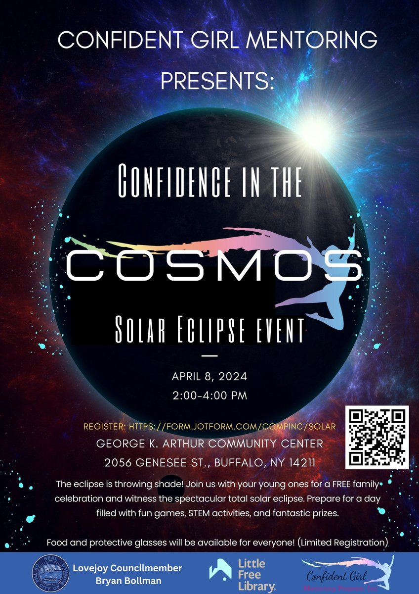 Join @CGMPInc for a FREE family celebration to witness the total solar eclipse on April 8 at the George K. Arthur Community Center. Prepare for a day filled with fun games, STEM activities, and fantastic prizes. Register here: form.jotform.com/CGMPINC/solar