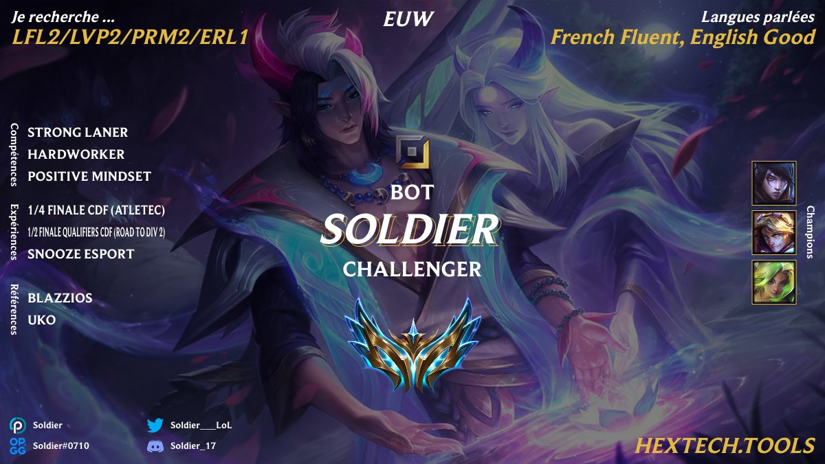 After the end of the split with <a href="/Snooze_Esports/">SNOOZE Esports</a>, I'm now LFT  for the Summer split. 
I'm looking for LFL2/LVP2/PRM2 or ERL1.
Contact me via dm on twitter or discord.

References : <a href="/Blazzios/">Blazzios</a> <a href="/uk0gnas/">uko</a> 

Likes and RTs are appreciated !