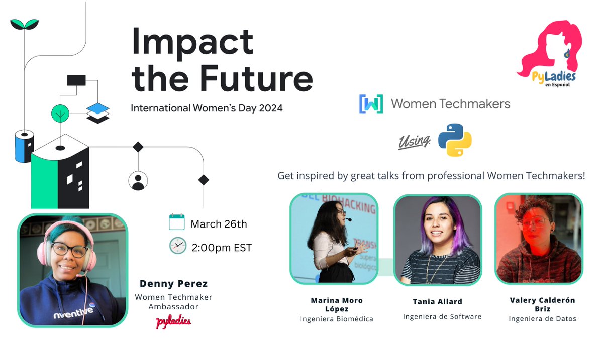 📢Join us for 'Impact the Future: Women Techmakers using Python!🚀 Let's commemorate International Women's Day with inspiring talks and interviews in collaboration with leaders from #Python community.🐍 🗓️March 26th ⏰2:00 PM EST 🔗Register now:👇 linkedin.com/events/impactt… #IWD24